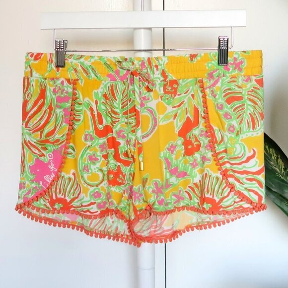 Lilly Pulitzer for Target Happy Place Yellow Orange Challis Pompom Shorts Size M - Picture 9 of 11